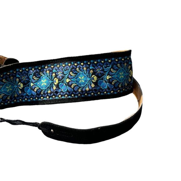 Boho Black Suede and Blue Embroidered Fabric Tie Belt - Picture 4 of 6